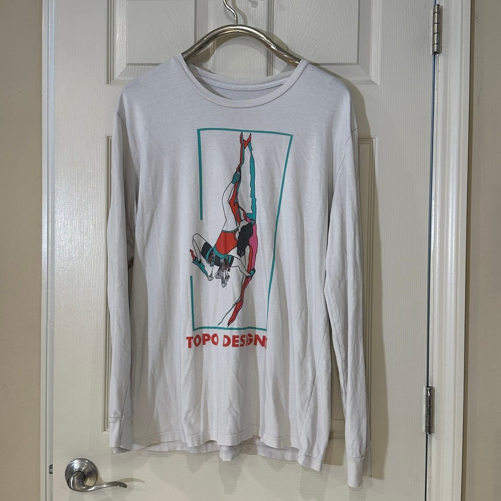 Topo Designs Mens White Rock Climbing Graphic Long Sleeve T-Shirt Size XL